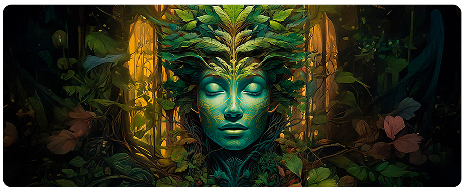 Spiritual face fused with nature, symbolizing shamanism and the sacred connection in Andean tradition.